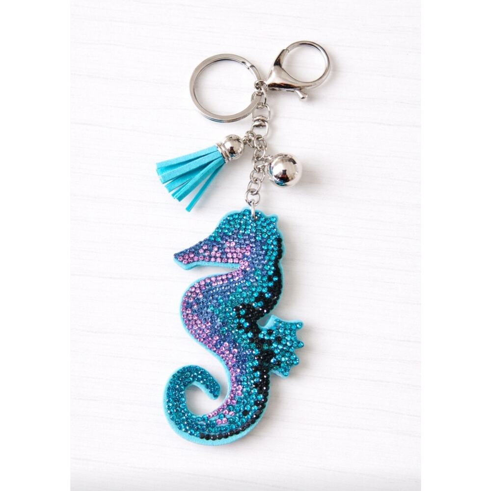 Rhinestone Blue Seahorse Bag Charm Key Chain New - Picture 2 of 3